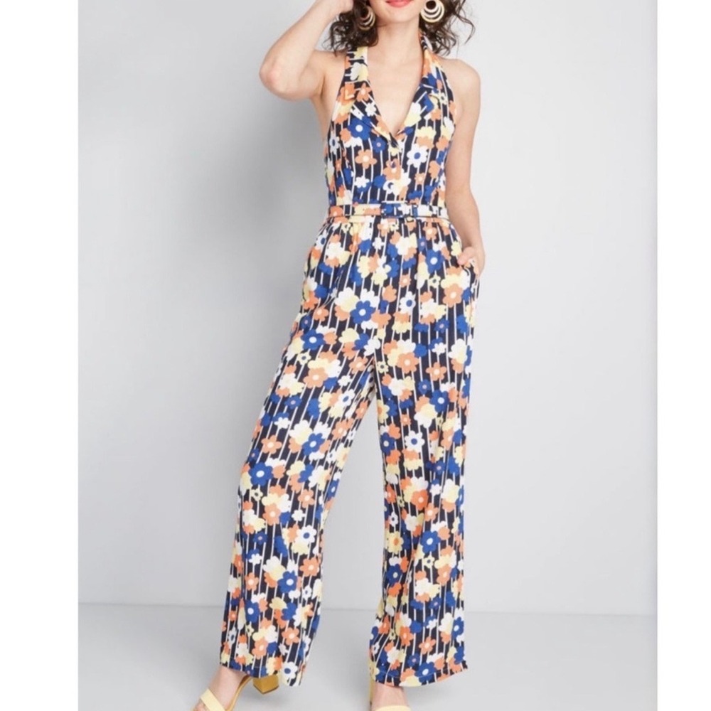 ModCloth | Retro Women's Floral Halter Collared Jumpsuit Boho Retro 70s Style